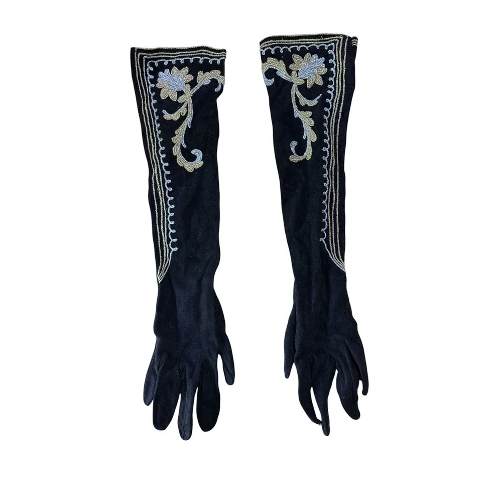 Vintage Blk Suede Opera Length Gloves Gold Silver Floral Embroidery Formal 15in